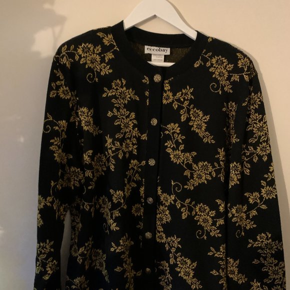 Vintage Black + Gold Floral Cottagecore Cardigan SZ XL - Picture 3 of 14